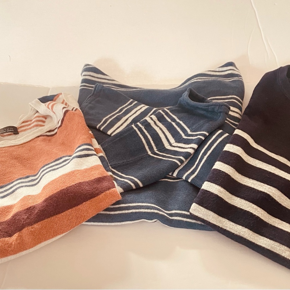 Striped 360 Sweater Trio in Orange, Blue and Navy Italian Yarn.